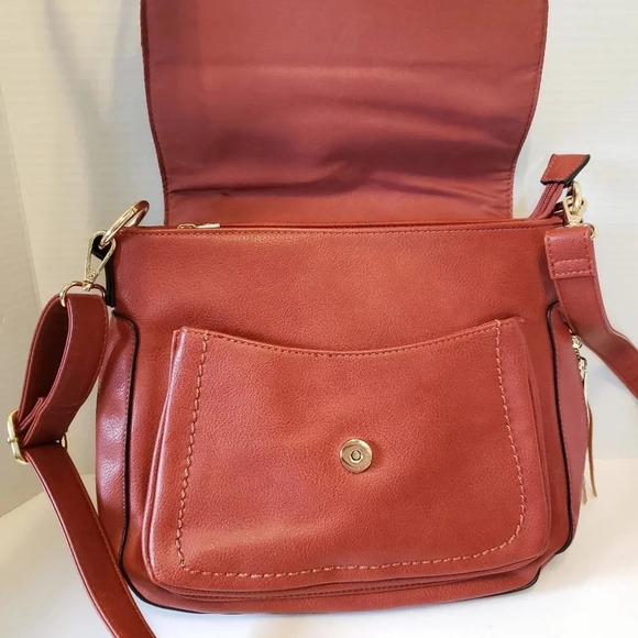 Cleo Orange/Brown Fold-Over Tassel Saddle Bag/Crossbody Medium  Bag. - Picture 3 of 11